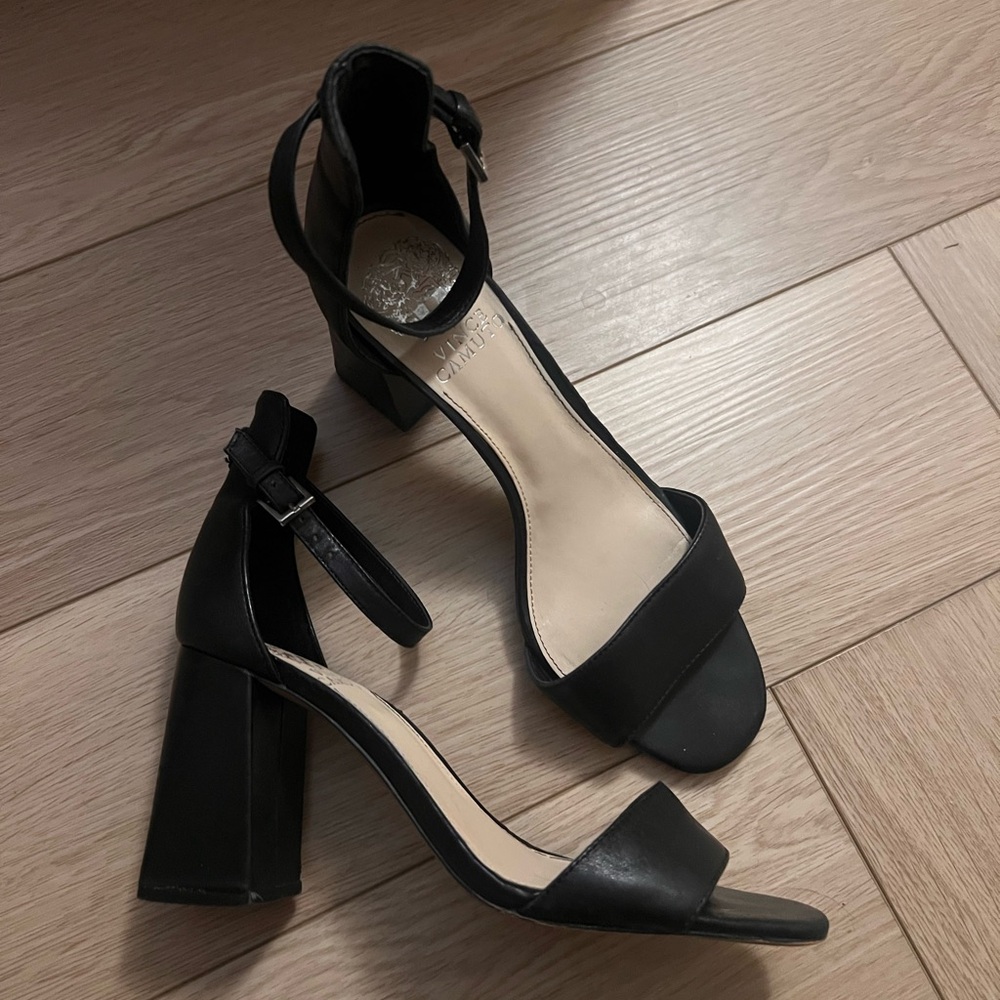 Vince Camuto Leather Black Pumps Block Heels Ankle Strap size 7.5M US